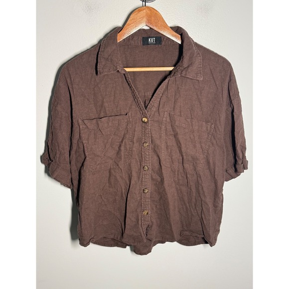 Kut from the Kloth Tops - KUT from the Kloth Brown Linen Blend Button Down Shirt Boxy Short Sleeve